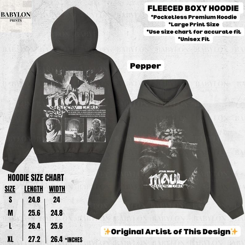 May include: Pepper-colored fleece boxy hoodie with a large print of Darth Maul from Star Wars. The hoodie features a hood and a pocketless design. The size chart shows the length and width in inches.