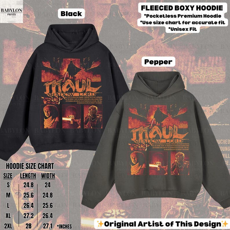 Puede incluir: Sudaderas con capucha boxy de forro polar negras y color pimienta con un dise&ntilde;o gr&aacute;fico con el texto "MAUL SHADOW LORD". Las sudaderas con capucha no tienen bolsillos y son unisex. Tabla de tallas con medidas en cm.