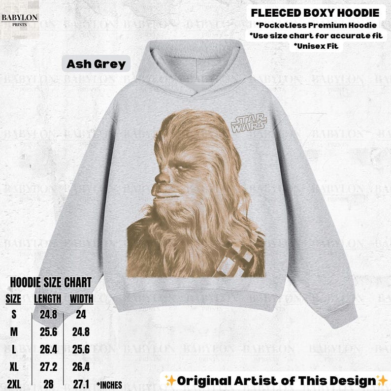 Vintage Star Wars Chewbacca T-shirt: Chewbacca Star Wars Hoodie, Star Wars Sweatshirt, Empire Strikes Back T-shirt, Disneyworld Star Wars-present Boxy Hoodie: Ash