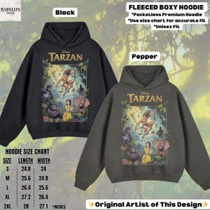 May include: Black and pepper-colored fleece boxy hoodies featuring a Tarzan graphic. The hoodies have a pocketless design and are available in sizes S to 2XL. The size chart shows the length and width in inches. The text on the image says "Original Artist of This Design."