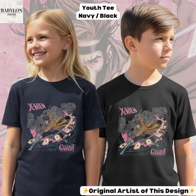 May include: Two youth tees, one navy and one black, each featuring a Gambit graphic from X-Men. The design includes the word "X-Men" in pink, the character Gambit, and the word "Gambit" in pink.