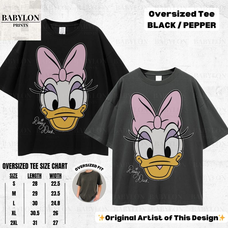 May include: Black and pepper-colored oversized tees featuring a Daisy Duck graphic. The shirts have a pink bow, yellow beak, and the text "Daisy Duck". The image includes a size chart with measurements in inches and the text "Original Artist of This Design".