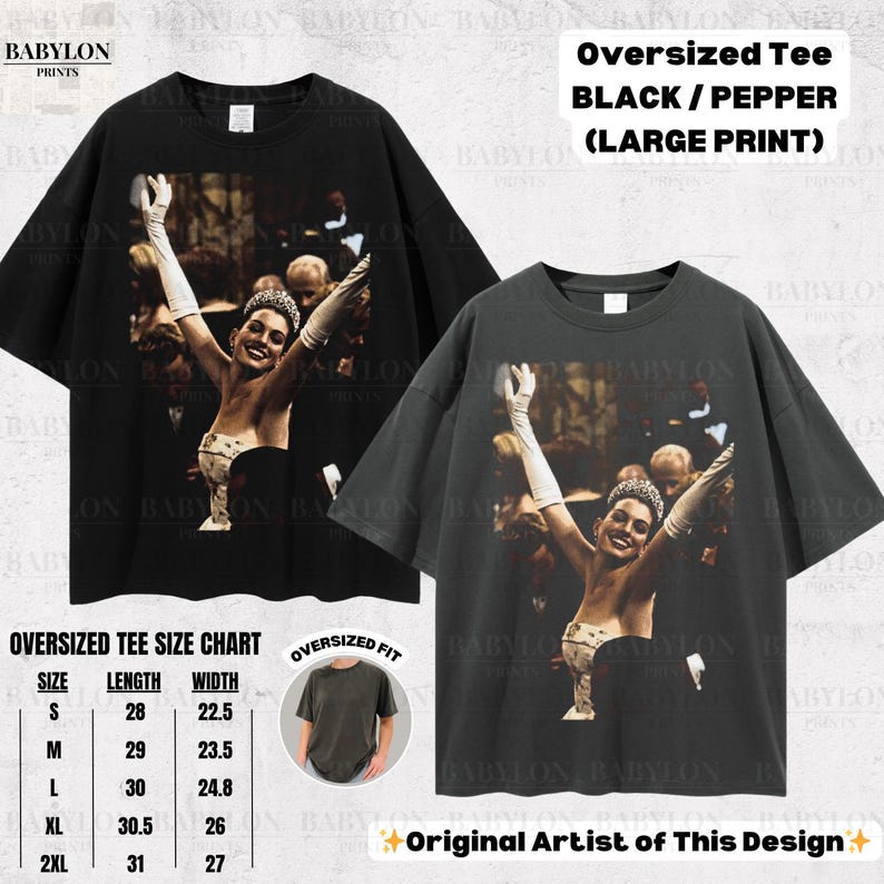 May include: Two oversized black and pepper-coloured t-shirts with a large print of a woman in a gown with her arms raised. The shirts have the text "Oversized Tee BLACK / PEPPER (LARGE PRINT)". A size chart is also included.