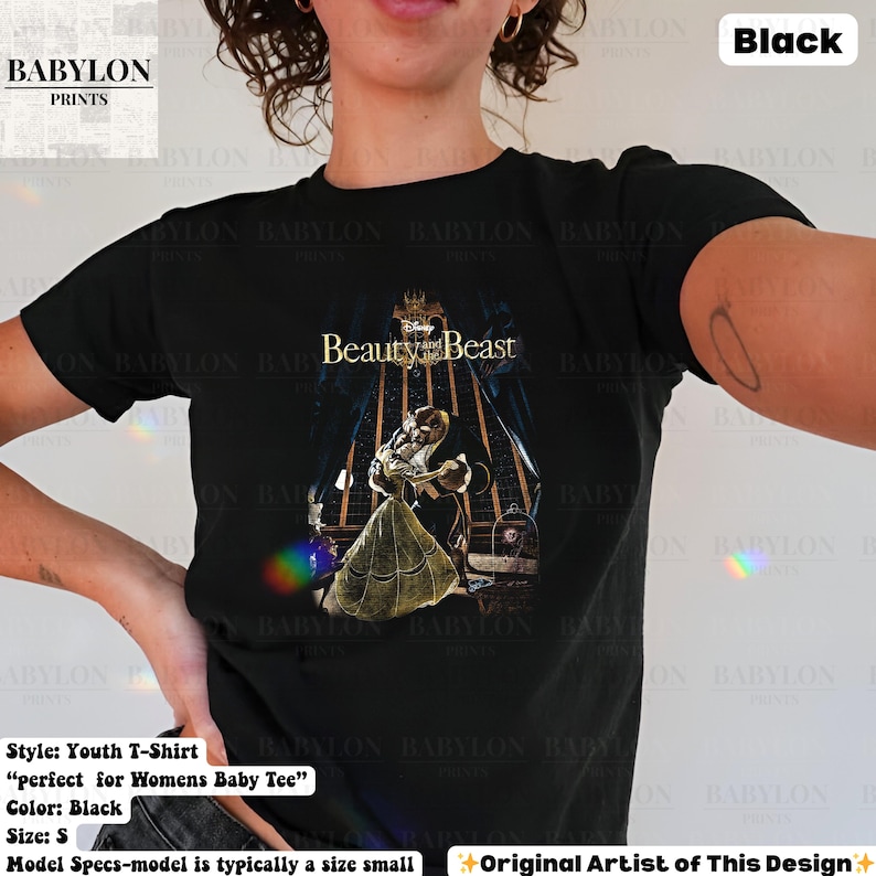 Vintage Disney Skönheten och Odjuret-skjorta, Belle Princess-skjorta, saga lika gammal som tiden, Disneyland Walt Disneyworld-resa, Belle Beast-skjorta Women Baby Tee Black