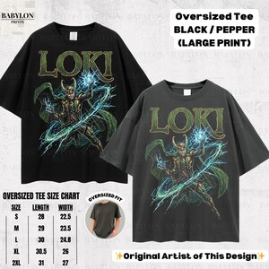 May include: Black and pepper oversized tee shirts with a large print of Loki, a character from Marvel comics. The shirts feature the word "LOKI" in green, with an illustration of the character. The size chart is included.
