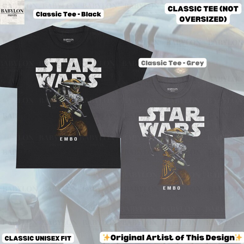 Puede incluir: Camisetas cl&aacute;sicas negras y grises con un dise&ntilde;o de Star Wars. El texto "STAR WARS" es blanco. Las camisetas muestran una ilustraci&oacute;n de personaje y el nombre "EMBO". Corte unisex cl&aacute;sico.