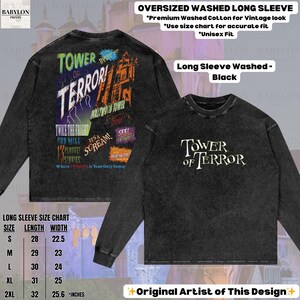 Op de afbeelding: Zwart shirt met lange mouwen en een distressed grafisch ontwerp. De voorkant van het shirt heeft de tekst "TOWER OF TERROR" in het wit. De achterkant van het shirt heeft een kleurrijke afbeelding met de woorden "TOWER OF TERROR" en andere tekst. Het shirt is unisex.