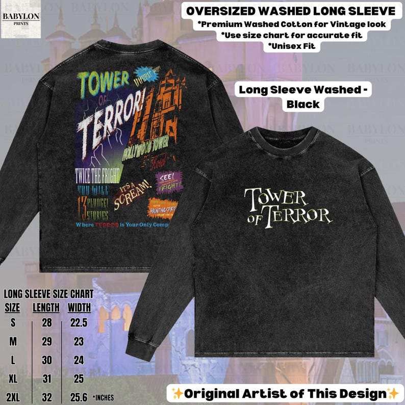 Op de afbeelding: Zwart shirt met lange mouwen en een distressed grafisch ontwerp. De voorkant van het shirt heeft de tekst "TOWER OF TERROR" in het wit. De achterkant van het shirt heeft een kleurrijke afbeelding met de woorden "TOWER OF TERROR" en andere tekst. Het shirt is unisex.