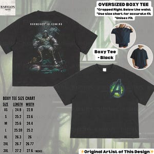 May include: Black oversized boxy tee shirts with graphic designs. One shirt features a seated figure with the text "DOOMSDAY IS COMING". The other shirt has an Avengers logo. Size chart included.