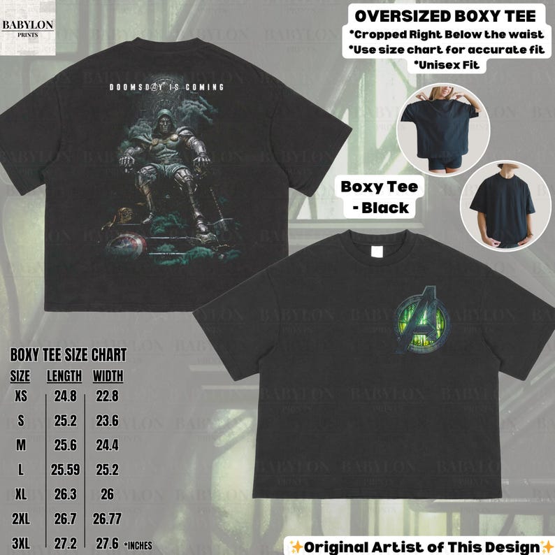 May include: Black oversized boxy tee shirts with graphic designs. One shirt features a seated figure with the text "DOOMSDAY IS COMING". The other shirt has an Avengers logo. Size chart included.