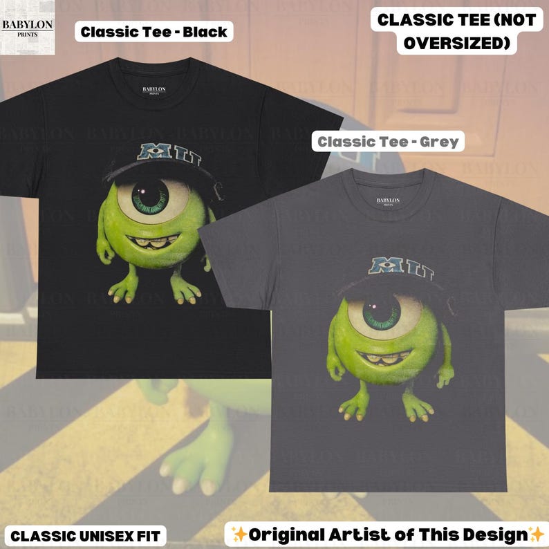 K&ouml;nnte beinhalten: Zwei klassische Unisex-T-Shirts, eines in Schwarz und eines in Grau, jeweils mit einer Cartoonfigur mit einem gro&szlig;en gr&uuml;nen Auge, die einen Hut tr&auml;gt. Das schwarze Shirt hat den Text "Classic Tee - Black" und das graue Shirt den Text "Classic Tee - Grey". Der Text "Original Artist of This Design" ist ebenfalls vorhanden.
