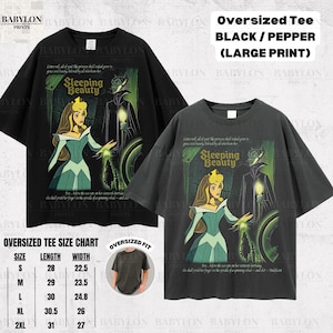 May include: Black and pepper oversized tee shirts with a large print of the Sleeping Beauty movie. The graphic features Princess Aurora and Maleficent. The tee shirt size chart is also included.