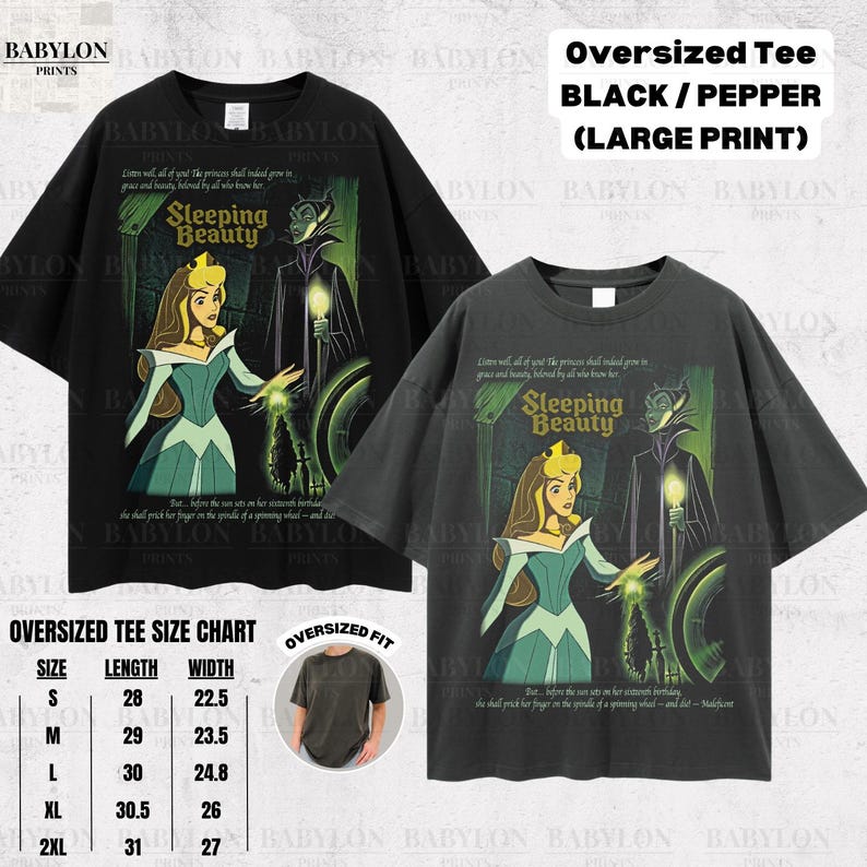 May include: Black and pepper oversized tee shirts with a large print of the Sleeping Beauty movie. The graphic features Princess Aurora and Maleficent. The tee shirt size chart is also included.