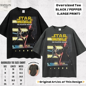 Puede incluir: Camisetas oversize negras y pimienta con un gr&aacute;fico de Star Wars: The Phantom Menace. Las camisetas tienen un dise&ntilde;o de impresi&oacute;n grande y est&aacute;n disponibles en tallas S a 2XL. La longitud de las camisetas var&iacute;a de 71 a 79 cm, y el ancho de 57 a 69 cm.