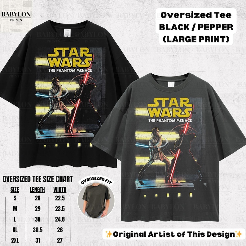 Puede incluir: Camisetas oversize negras y pimienta con un gr&aacute;fico de Star Wars: The Phantom Menace. Las camisetas tienen un dise&ntilde;o de impresi&oacute;n grande y est&aacute;n disponibles en tallas S a 2XL. La longitud de las camisetas var&iacute;a de 71 a 79 cm, y el ancho de 57 a 69 cm.
