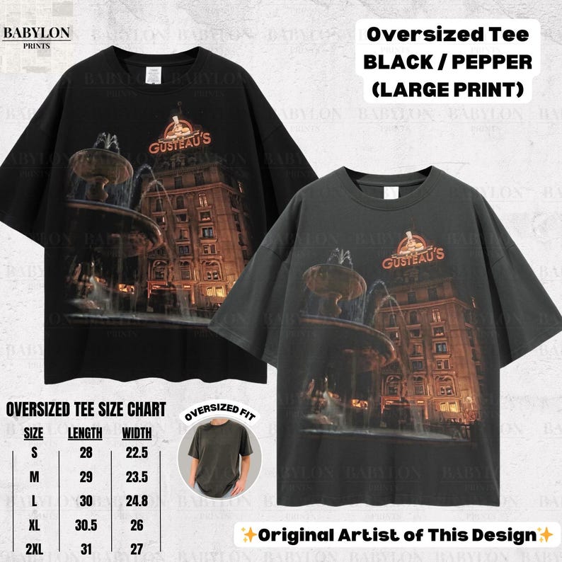 May include: Black oversized tee shirt with a large print of a building and fountain, with the text "GUSTEAU'S". The shirt is black and pepper colored. The size chart shows measurements in inches.