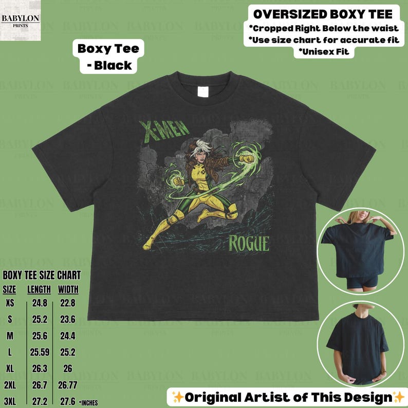 May include: Black oversized boxy tee with a Rogue graphic from X-Men. The design includes the text "X-Men" and "Rogue". The tee has a size chart with measurements in inches. The shirt is a unisex fit.