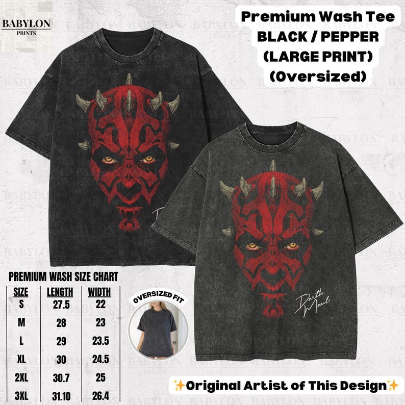 Może przedstawiać: Oversize czarne i pieprzowe koszulki z dużą czerwoną grafiką twarzy postaci. Koszulki mają napis "Darth Maul" i tabelę rozmiar&oacute;w. Widoczny jest r&oacute;wnież tekst "Premium Wash Tee".