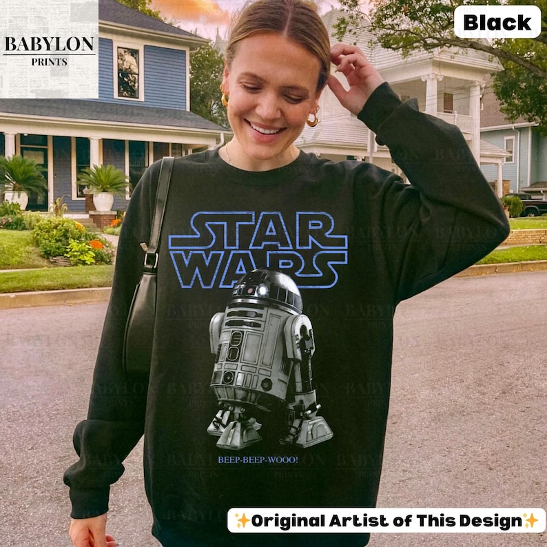 Vintage Star Wars R2D2 Shirt: Retro Star Wars Droids T-Shirt, Disney World T-Shirt, R2-D2 Hoodie, Mai der 4 Classic Unisex Crewneck Sweatshirt - Black