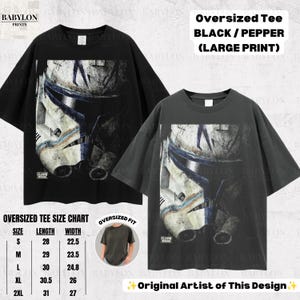 May include: Two oversized short-sleeve t-shirts in black and pepper gray. Each shirt features a large graphic print of a weathered white and blue clone trooper helmet with the text CLONE WARS. A size chart with measurements in inches is included.