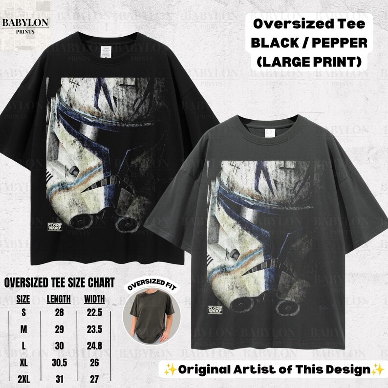 May include: Two oversized short-sleeve t-shirts in black and pepper gray. Each shirt features a large graphic print of a weathered white and blue clone trooper helmet with the text CLONE WARS. A size chart with measurements in inches is included.