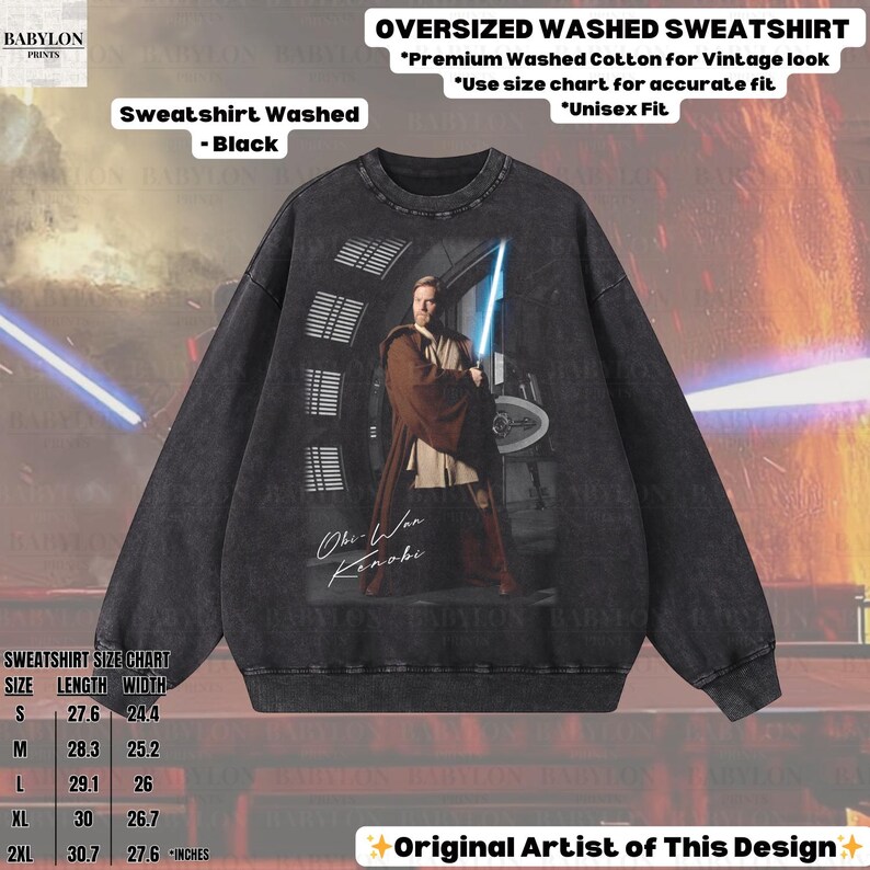 Może przedstawiać: Czarna, obszerna, prana bluza z nadrukiem Obi-Wana Kenobiego z mieczem świetlnym. Bluza zawiera napis "Obi-Wan Kenobi" i tabelę rozmiar&oacute;w. Wykonana z wysokiej jakości pranej bawełny dla efektu vintage. Kr&oacute;j unisex.
