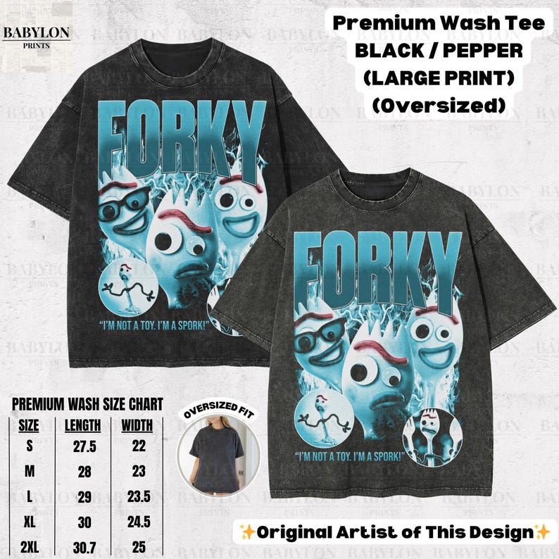 May include: Black and pepper oversized t-shirts with a large Forky graphic. The design features Forky characters with the text "FORKY" in blue and the quote "I'M NOT A TOY. I'M A SPORK!". Includes a size chart.