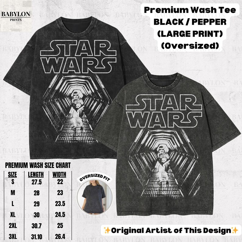 May include: Black and pepper-colored oversized Star Wars graphic tee. The front features the Star Wars logo and a detailed graphic of a hallway with characters. The shirt includes a size chart and the text "Original Artist of This Design."