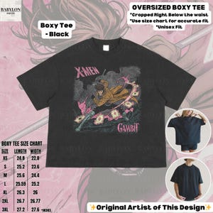 May include: Black boxy tee featuring a graphic of the X-Men character Gambit. The design includes the words "X-Men" and "Gambit" in pink and green. The shirt is oversized and unisex, with a size chart provided.