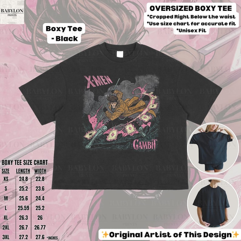 May include: Black boxy tee featuring a graphic of the X-Men character Gambit. The design includes the words "X-Men" and "Gambit" in pink and green. The shirt is oversized and unisex, with a size chart provided.