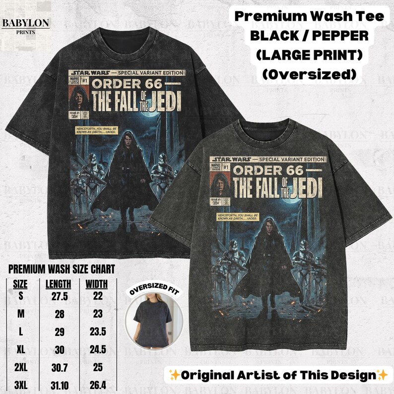 May include: Black and pepper-colored oversized t-shirts with a Star Wars graphic. The graphic reads "Order 66 The Fall of the Jedi" and features a comic book style design. The shirts are available in sizes S to 3XL.