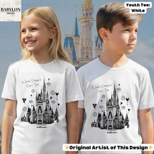 May include: Two white youth t-shirts featuring a black and white castle design, the words "Where Dreams Come True", and Mickey Mouse symbols. The tees are labelled "Youth Tee: White" and are from "Original Artist of This Design".