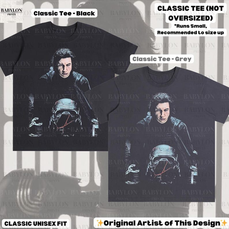 May include: Two classic unisex fit t-shirts, one black and one grey, with a graphic of a character with a helmet. The black tee is labelled "Classic Tee - Black" and the grey tee is labelled "Classic Tee - Grey". The text "Classic Tee (Not Oversized)" is also visible.