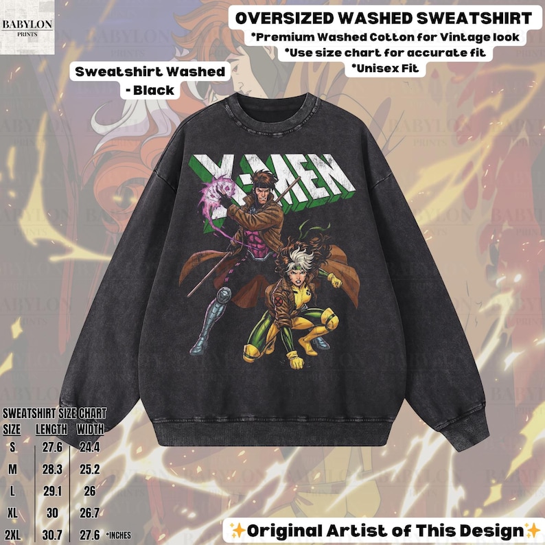 May include: Black oversized washed sweatshirt featuring X-Men characters Gambit and Rogue. The graphic design includes the word "X-MEN" in green and white. The sweatshirt has a vintage look and is made of premium washed cotton. The size chart is included.