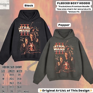 May include: Two hooded sweatshirts, one black and one pepper-colored, featuring a Star Wars graphic. The black hoodie has the text "Black" above it. The pepper-colored hoodie has the text "Pepper" above it. The image also includes a size chart.