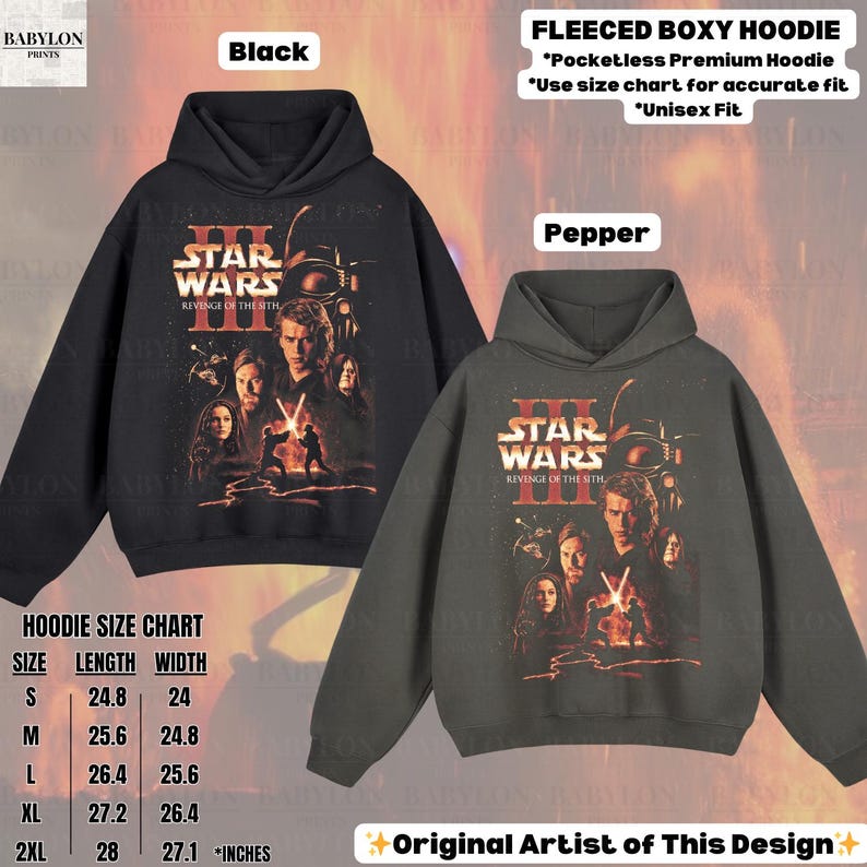 May include: Two hooded sweatshirts, one black and one pepper-colored, featuring a Star Wars graphic. The black hoodie has the text "Black" above it. The pepper-colored hoodie has the text "Pepper" above it. The image also includes a size chart.
