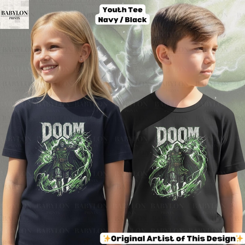 May include: Two youth t-shirts, one navy and one black, each featuring a graphic of a character with the word "DOOM" above. The character is surrounded by green energy. The text "Original Artist of This Design" is at the bottom.