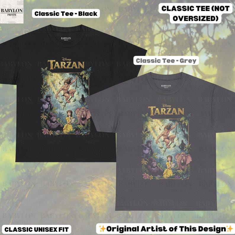 May include: Two classic unisex fit t-shirts, one black and one grey, featuring a Disney Tarzan graphic. The graphic includes Tarzan, Jane, and various jungle animals. Text on the shirts reads "Classic Tee - Black", "Classic Tee - Grey", and "Original Artist of This Design".