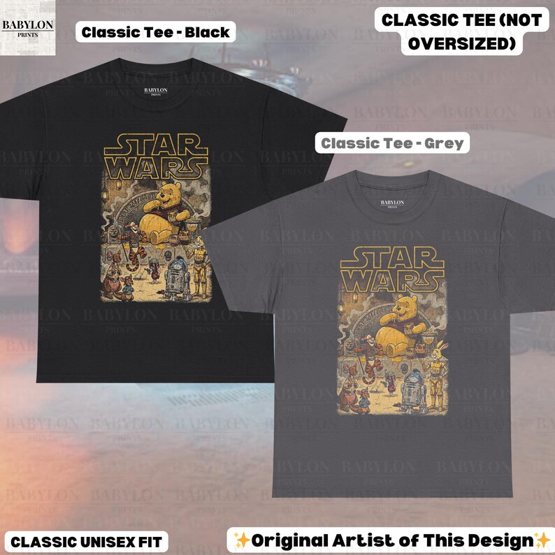 Może przedstawiać: Czarne i szare klasyczne koszulki unisex z grafiką Star Wars z Kubusiem Puchatkiem i przyjaci&oacute;łmi. Projekt zawiera napis "STAR WARS" złotymi literami. Koszulki są oznaczone jako "Classic Tee - Black" i "Classic Tee - Grey".