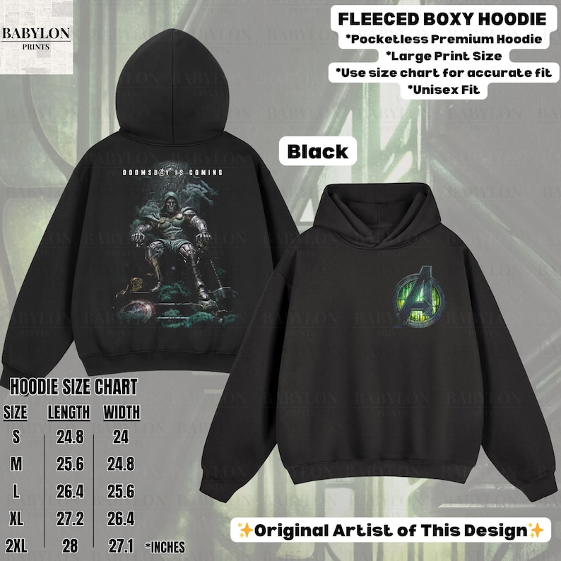 May include: Black fleece boxy hoodies with large print designs. One hoodie features a graphic of a character with the text "DOOMSDAY IS COMING." The other displays the Avengers logo. The size chart is included.