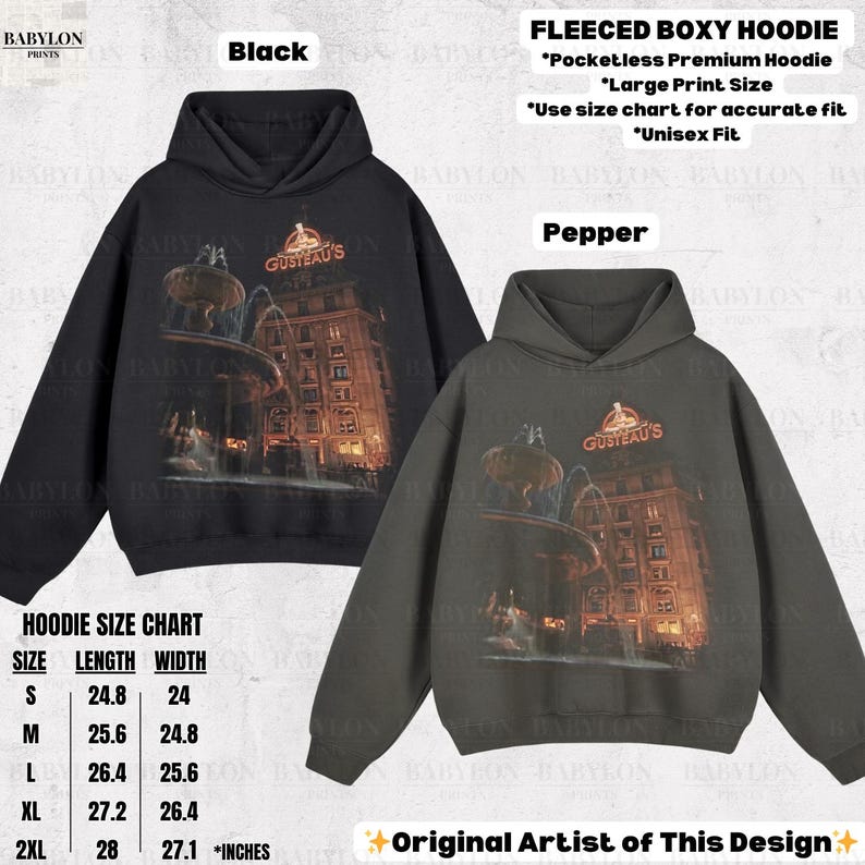 May include: Black and pepper-colored fleeced boxy hoodies. Each hoodie features a large print of a building with a fountain and the text "GUSTEAU'S". The size chart shows measurements in inches. The text "Original Artist of This Design" is also visible.