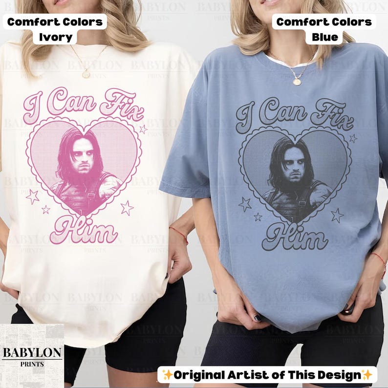 May include: Two t-shirts, one ivory and one blue, with the text "I Can Fix Him" and a heart-shaped graphic featuring a person's portrait. The shirts are labeled "Comfort Colors" and "Original Artist of This Design."