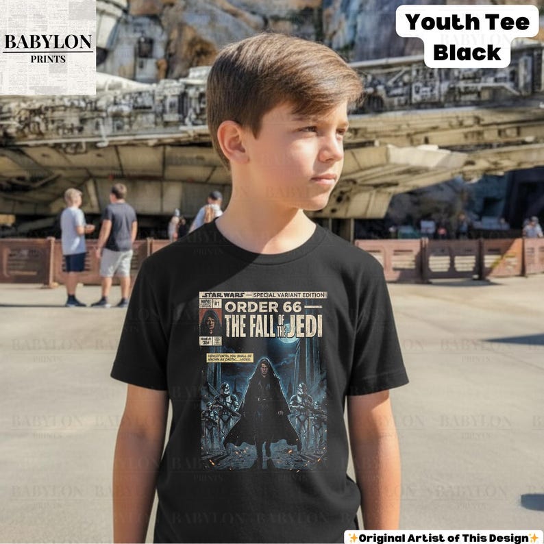 May include: Black youth tee featuring a Star Wars comic book cover design. The graphic reads "ORDER 66 - THE FALL OF THE JEDI." The shirt includes the text "Youth Tee Black" and the Babylon Prints logo.