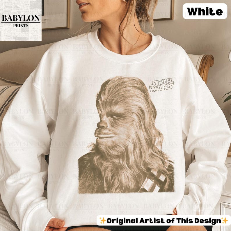 Vintage Star Wars Chewbacca T-shirt: Chewbacca Star Wars Hoodie, Star Wars Sweatshirt, Empire Strikes Back T-shirt, Disneyworld Star Wars-present Classic Unisex Crewneck Sweatshirt - White