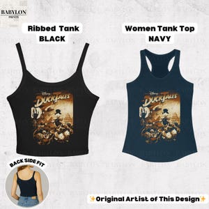 May include: Black ribbed tank top and navy blue women's tank top featuring a vintage "DuckTales" graphic. The image includes the text "Ribbed Tank BLACK" and "Women Tank Top NAVY".