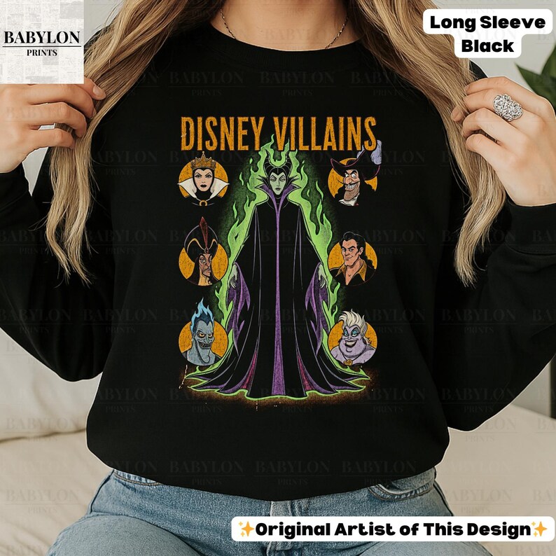 Vintage Disney Villains Shirt: Maleficent Sweatshirt, Retro Evil Queen Jafar Hades Ursula T-Shirt, Disneyworld Villain Shirt, Disney Gifts Long Sleeve-Black