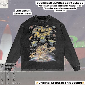 May include: Black long-sleeve shirt with a Pizza Planet graphic. The design features the Pizza Planet logo, aliens, a rocket, and a pizza planet. The shirt is made of washed cotton and has a vintage look. The size chart is included.
