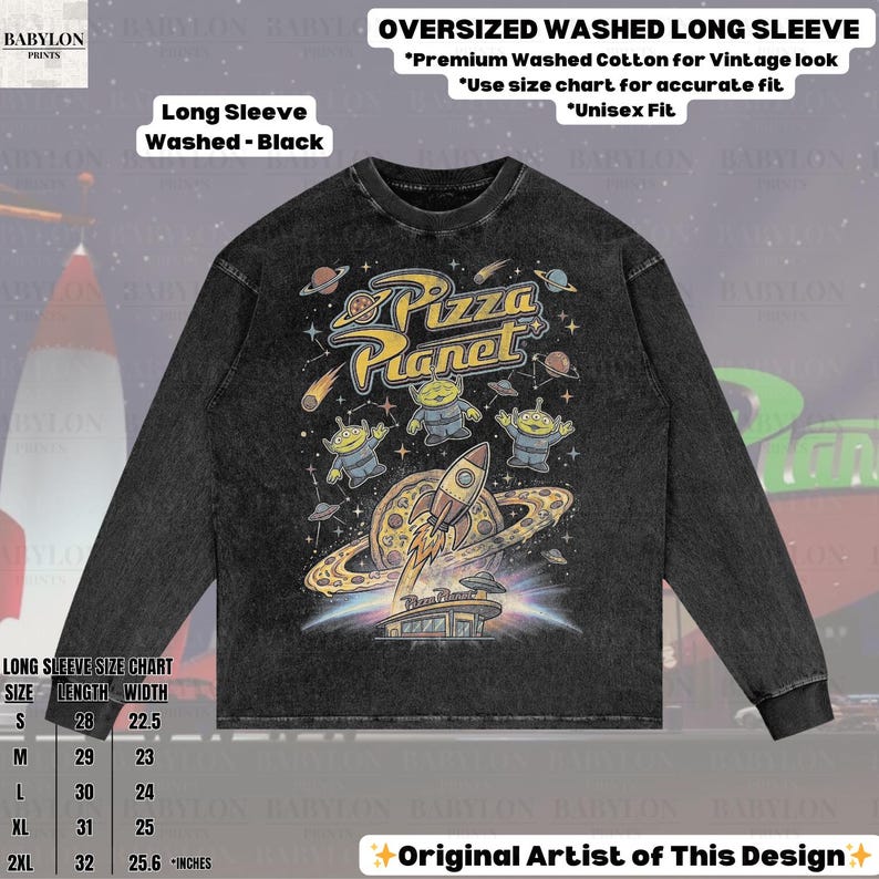 May include: Black long-sleeve shirt with a Pizza Planet graphic. The design features the Pizza Planet logo, aliens, a rocket, and a pizza planet. The shirt is made of washed cotton and has a vintage look. The size chart is included.