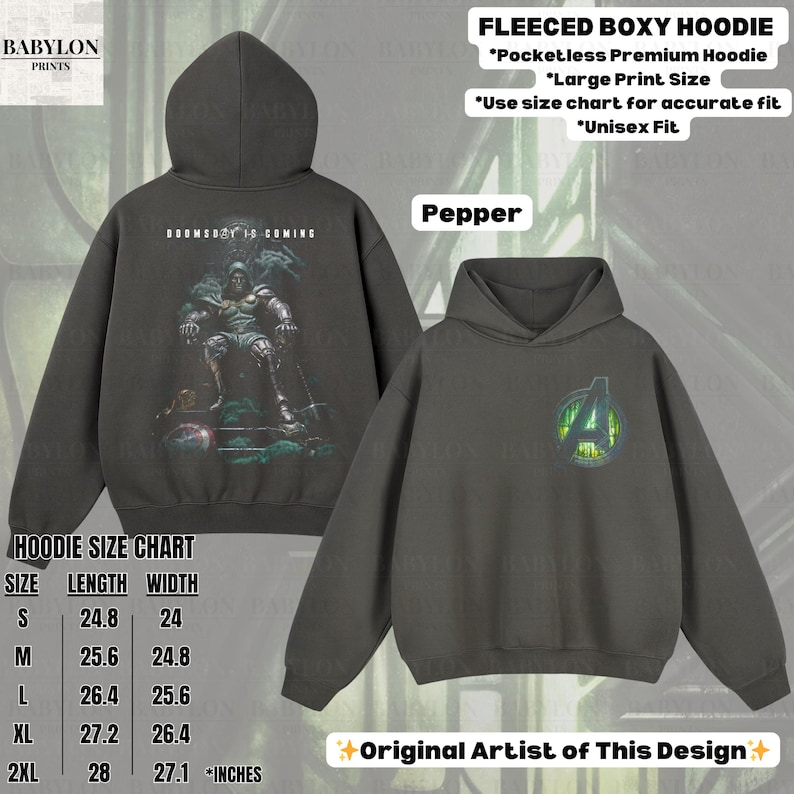 May include: Pepper-colored fleeced boxy hoodie with a large print design. The back features a graphic of a figure with the text "DOOMSDAY IS COMING." The front displays an Avengers logo. Available in sizes S (24.8" length, 24" width) to 2XL (28" length, 27.1" width).