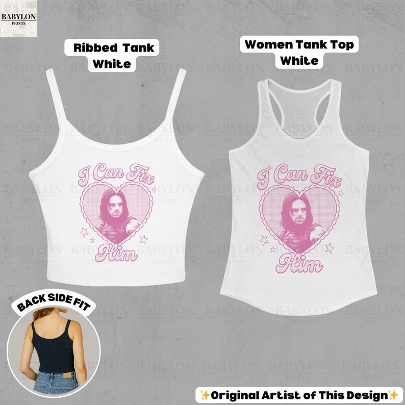 May include: Two white tank tops with the text "I Can Fix Him" in pink, featuring a heart and a portrait. One is a ribbed tank, the other a women's tank top. The image also shows a black tank top.